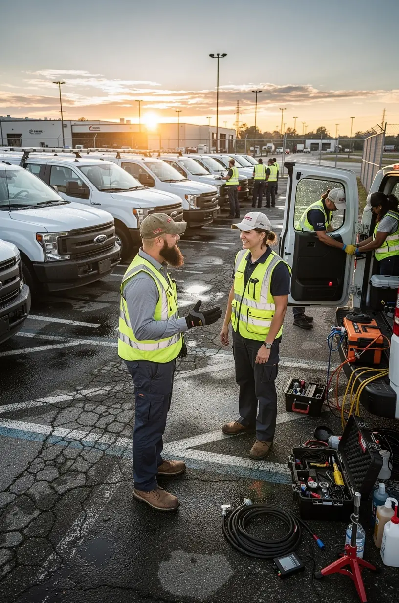 Mehrere Firmenfahrzeuge warten geordnet in der Servicehalle auf planmäßige Wartung.