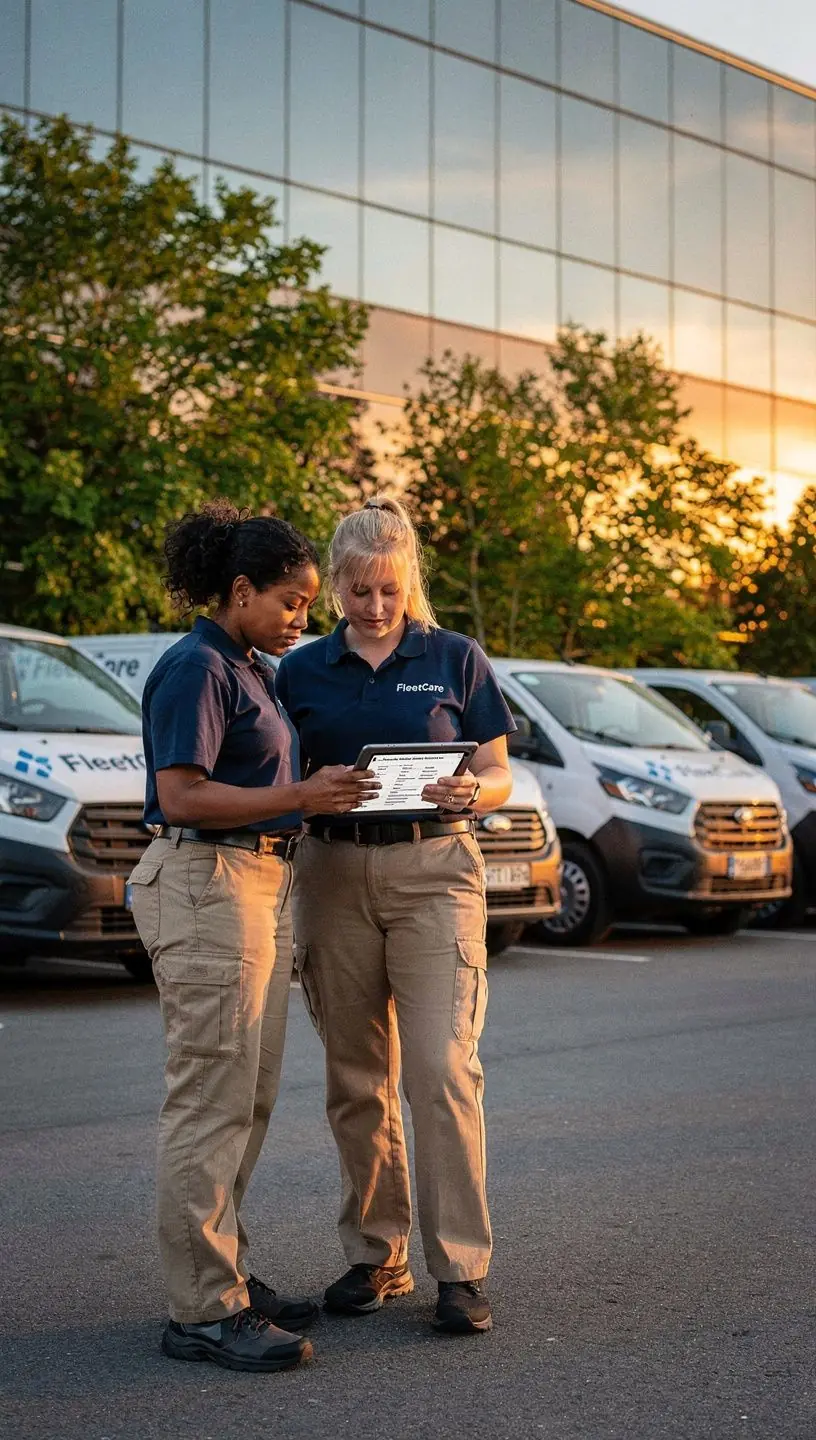 Flottenmanager überprüft digitale Wartungspläne auf einem Tablet im Servicezentrum.